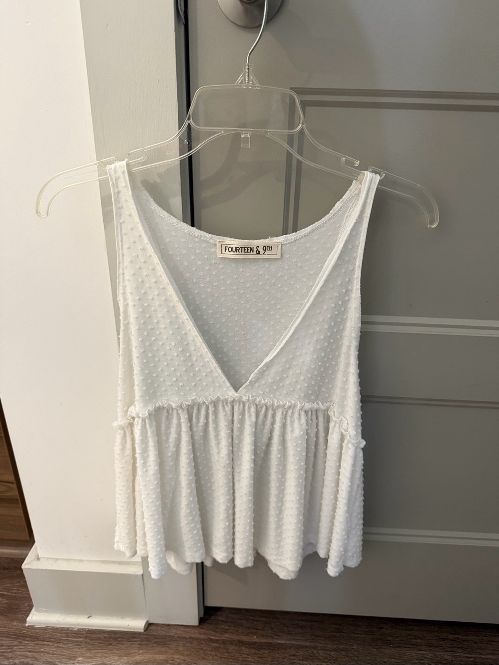 Fourteen & 9th White Swiss Dot V-Neck Peplum Tank Top